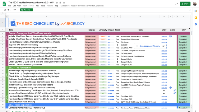 seo checklist-google-sheets